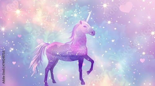 Fantasy rainbow purple sky in sparkling stars and unicorn for design. illustration for children.
