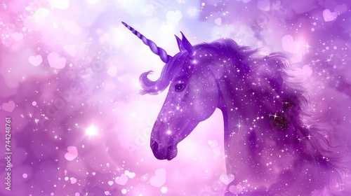 Fantasy rainbow purple sky in sparkling stars and unicorn for design. illustration for children.
