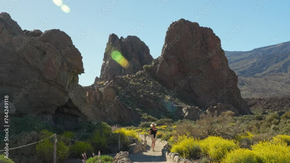 Wide shot of female tourist visiting Sendero Roques de Garcia in Teide national park
