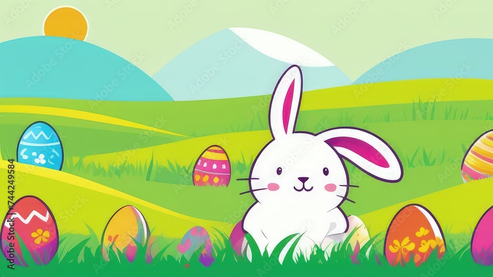 Holiday celebration banner with cute Easter bunny with decorated eggs and spring flowers on green spring meadow. Rabbit in landscape. Happy Easter greeting card, banner, festive background.Copy space Holiday celebration banner with cute Easter bunny with decorated eggs and spring flowers on green spring meadow. Rabbit in landscape. Happy Easter greeting card, banner, festive background.Copy space