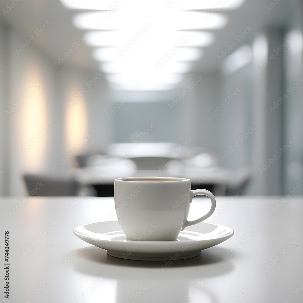 A cup of tea or coffee against the background of a meeting room, preparing for a meeting
