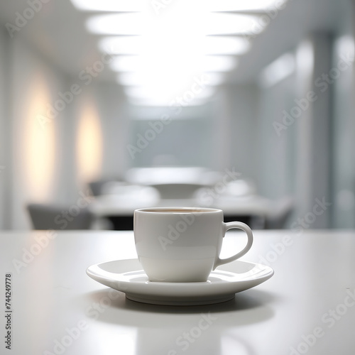 A cup of tea or coffee against the background of a meeting room, preparing for a meeting