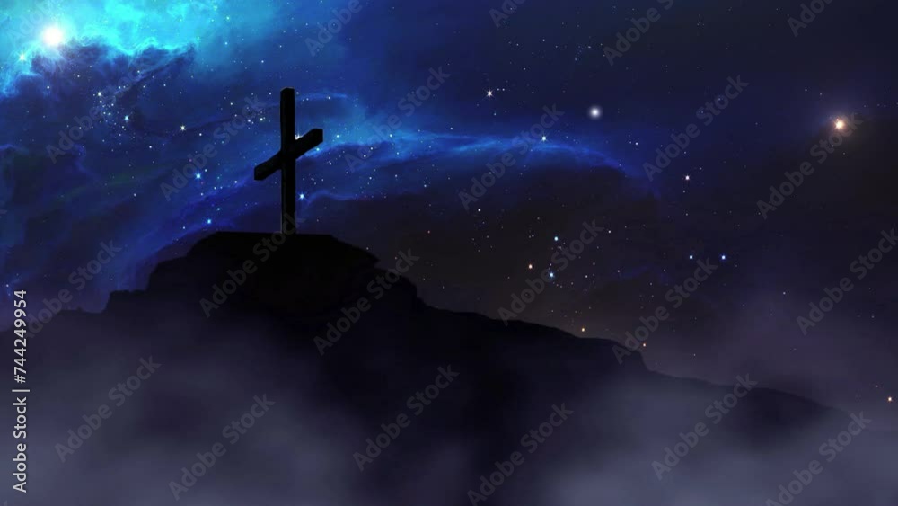 cross on a hill with glowing stars in the background cross on a hill with glowing stars in the background