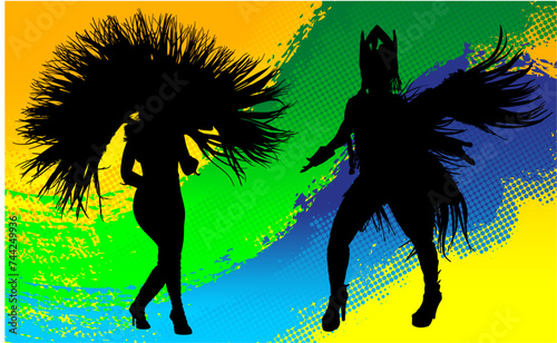 samba, baile, brasil, danza, carnaval, silueta, color, vector, pegatina, plumas, traje,  ilustracion, angel, diablo, pareja