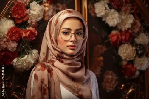 Pretty woman in sunglasses and hijab. Islamic corporate arab professional. Generate Ai
