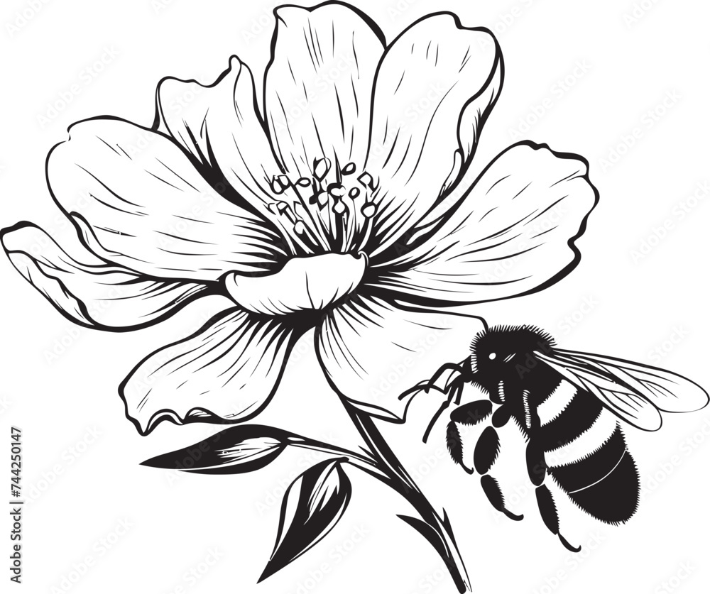 Natures Dance Minimalist Black Vector Icon Bee Bloom Black Vector Graphic with Blossom