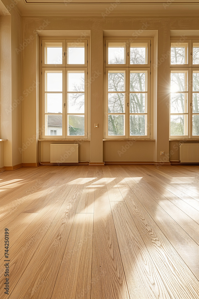 Interior of empty home living room with wooden floor