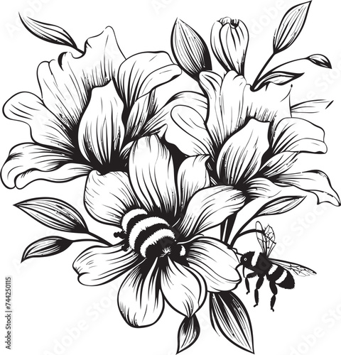 Fototapeta Naklejka Na Ścianę i Meble -  Serene Blossom Minimalist Black Vector Emblem Bee Harmony Black Vector Logo with Floral Element