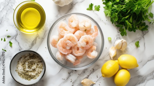 Bowl of cooked shrimp, lemons, and fresh herbs on marble