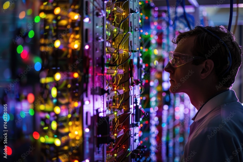 Engineer Observing Server Rack LEDs, Symbolizing Network Security and Data Center Operations Engineer Observing Server Rack LEDs, Symbolizing Network Security and Data Center Operations