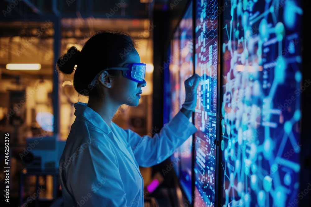 Female Scientist Interacting with a Futuristic Holographic Interface in a High-Tech Research Facility Female Scientist Interacting with a Futuristic Holographic Interface in a High-Tech Research Facility