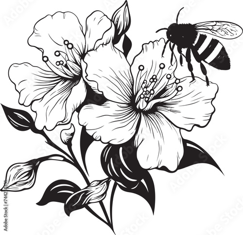 Tranquil Bee Minimalist Black Vector Design Botanical Blessing Black Vector Icon with Blossom