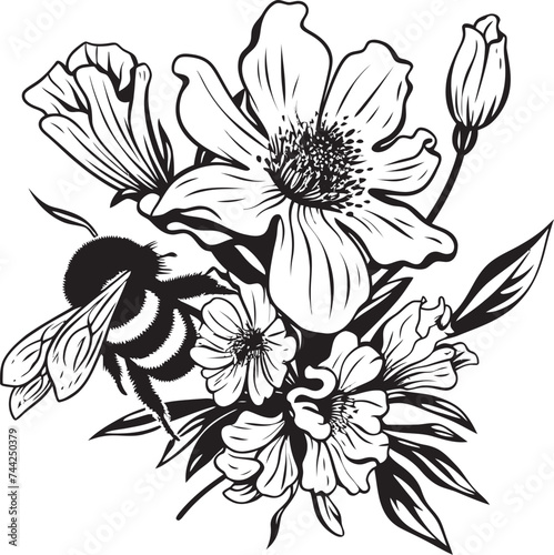 Fototapeta Naklejka Na Ścianę i Meble -  Floral Flight Minimalist Black Vector Graphic Buzzing Beauty Black Vector Logo with Floral Element