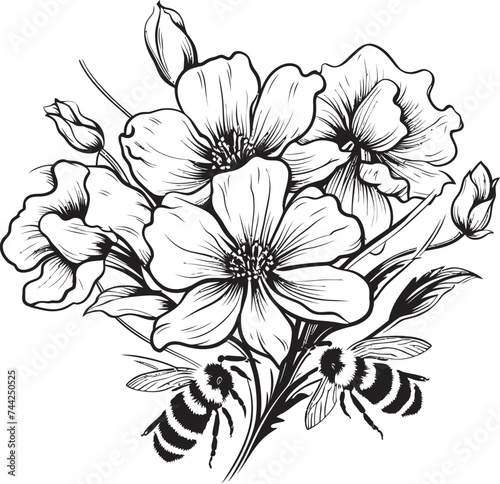 Botanical Ballet Black Vector Logo with Bee Floral Fantasy Minimalist Bee and Flower Emblem