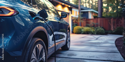 Electric Vehicle Charging at Home, Blur Focus on Car, Night Setting, Energy Efficient Transportation © zakiroff