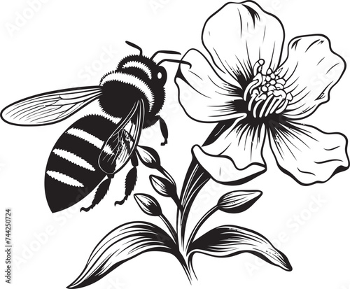 Petal Power Black Vector Flower Bud and Bee Emblem Natures Dance Vector Flower Bud and Bee Design in Black