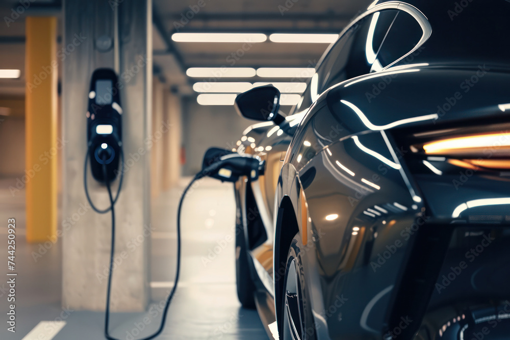 Modern Electric Vehicle Charging at a Station with Blurred Background, Advanced Green Energy Concept Modern Electric Vehicle Charging at a Station with Blurred Background, Advanced Green Energy Concept