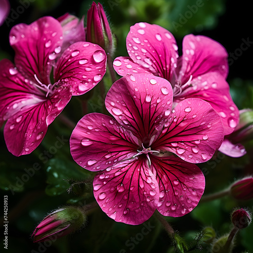 Blossoming Summer Beauty: Bright and Vibrant Pink Geraniums Amidst Lush Green Foliage © Roxie
