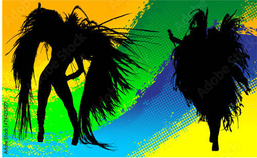 samba, baile, brasil, danza, carnaval, silueta, color, vector, pegatina, plumas, traje,  ilustracion, angel, diablo, pareja