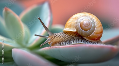 Snail on a soft succulent leaf generative ai
