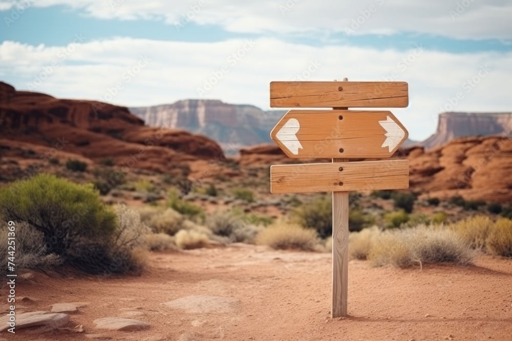 Blank wooden signpost with arrows in a desolate desert setting. Crossroads Signpost in the Desert Landscape