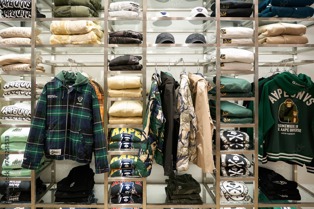 HONG KONG, CHINA DECEMBER 04, 2023 apparel displayed at AAPE by A