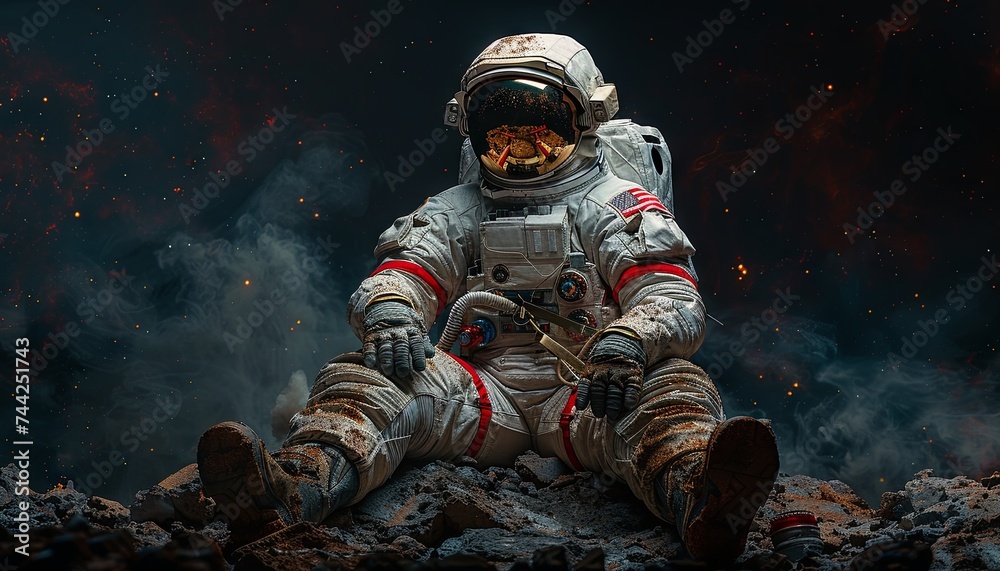 the astronaut on a dark background, in the style of post-apocalyptic backdrops. Generative AI