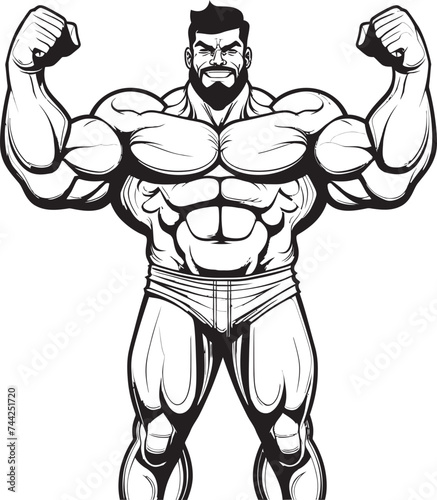 The Enigmatic Iron Man Masked Muscularity in Black and White Ink Stained Titan A Bodybuilder Caricature with a Hint of the Unknown