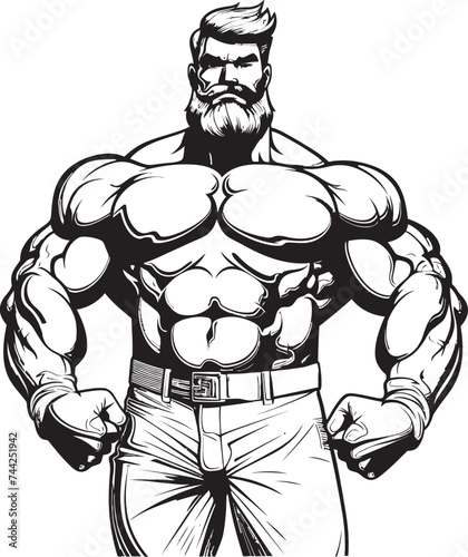 The Inked Goliath A Towering Tribute to Muscular Might Irony in Ink Flexing with a Grin, Bodybuilder Caricature