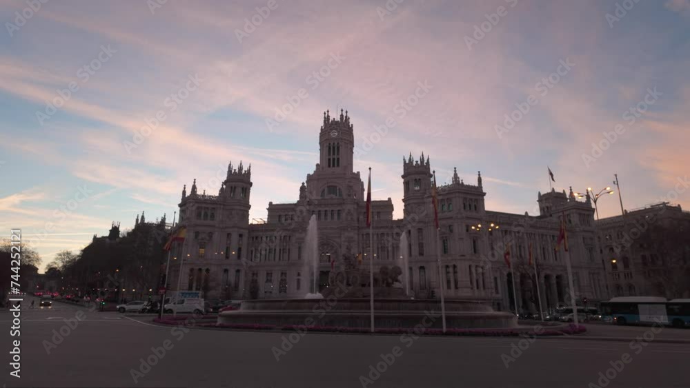 Establishing shot Sunrise Madrid City Town Hall Casa de Correos and Cibeles square and fountain with colorful beautiful clouds Establishing shot Sunrise Madrid City Town Hall Casa de Correos and Cibeles square and fountain with colorful beautiful clouds