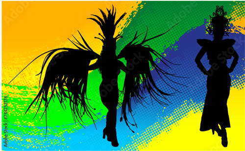 samba, baile, brasil, danza, carnaval, silueta, color, vector, pegatina, plumas, traje,  ilustracion, angel, diablo, pareja