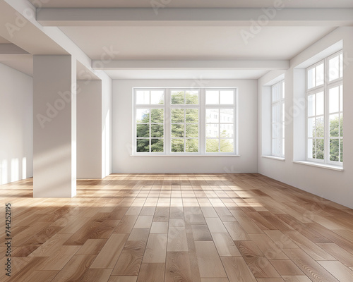 Interior of empty home living room with wooden floor