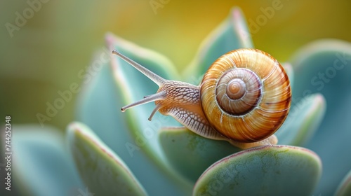 Snail on a soft succulent leaf generative ai