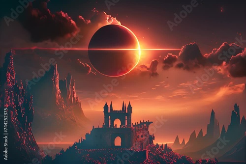 red sky and old castle with towers on the hills. Magic castle with moon eclipse footage Landscape of mountains and forest. nature and acient architecture. scenery of castle of thorn with solar eclipse photo