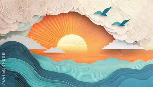 Paper art of beautiful sunset over ocean waves and birds in the cloudy sky. Beach scene, vacation illustration nature depiction.