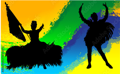 samba, baile, brasil, danza, carnaval, silueta, color, vector, pegatina, plumas, traje,  ilustracion, angel, diablo, pareja
