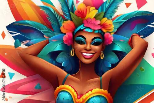 Popular Event in Brazil. Festive Mood. Carnaval Title With Colorful Party Elements Saying Come to Carnival. Travel destination. Brazilian Rythm, Dance and Music. portrait of a woman in carnival mask. © Fahad