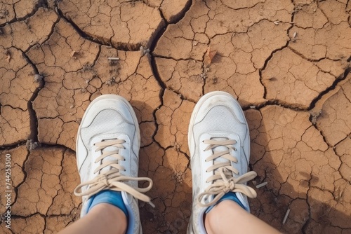 Athletic Shoes on Cracked Earth. Standing on Cracked Dry Earth with Athletic Shoes photo