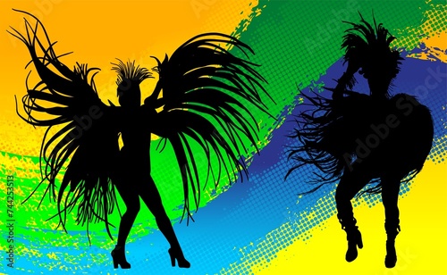 samba, baile, brasil, danza, carnaval, silueta, color, vector, pegatina, plumas, traje, ilustracion, angel, diablo, pareja