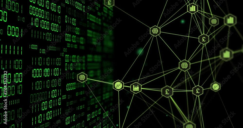 Animation of globe with binary coding and data processing over dark background Animation of globe with binary coding and data processing over dark background
