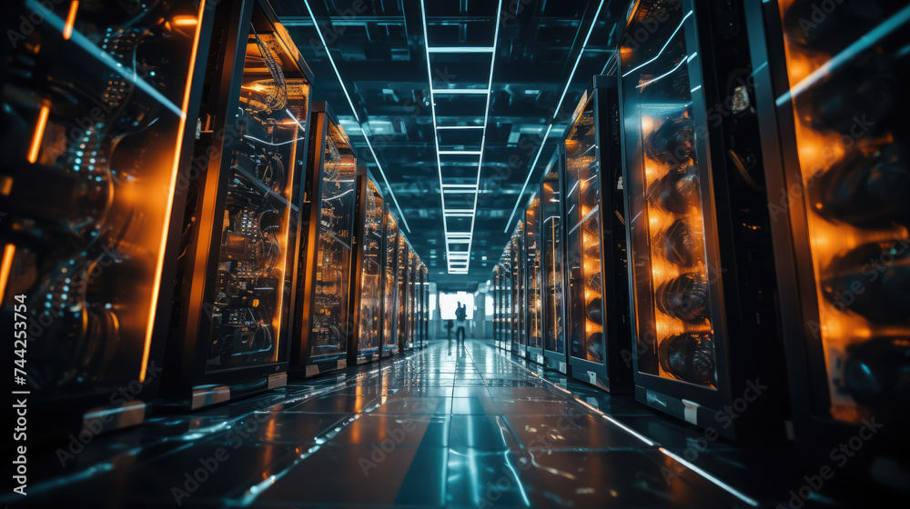 Fototapeta premium data center, cryptocurrency mining, wires, neon, motherboard, modern technology, electronics, engineering infrastructure, IT, computer, equipment, server, information, network, internet