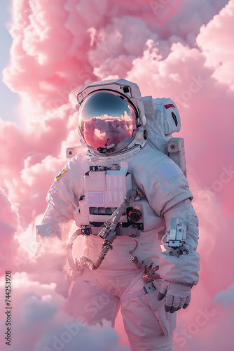 Astronaut in pink costume among pink clouds, generative AI