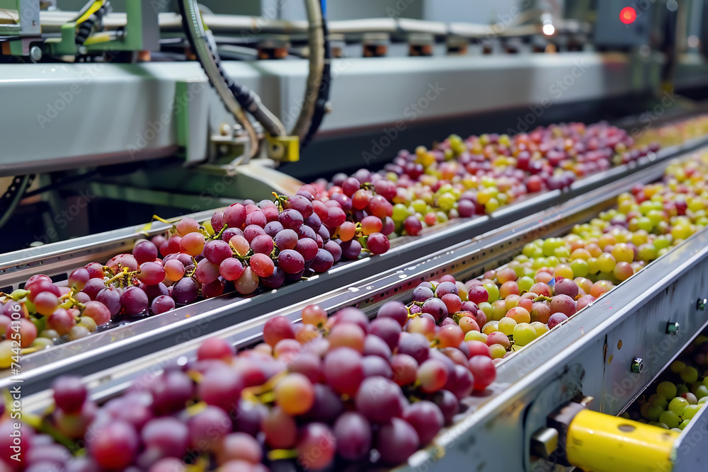 Wine manufacturing process, grapes going throught machine on the wine making plant. Generative AI.