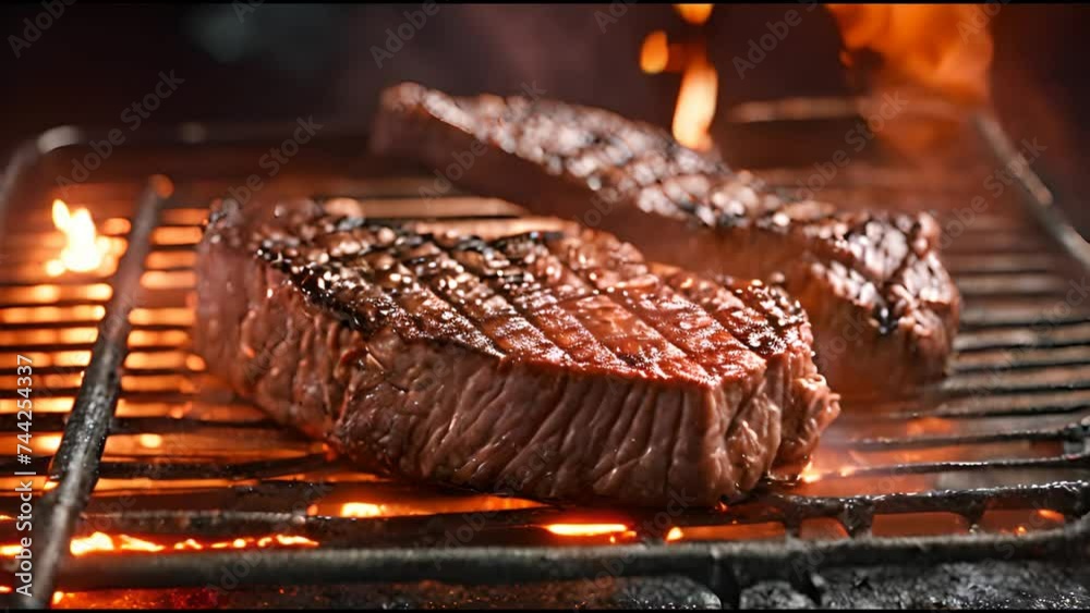 Juicy beef steak is fried on fire coals on iron grill on dark background in flame of smoke. Barbecue in evening, chef turns meat on grill with tongs. cooking dinner in a hot flame. High quality 4k