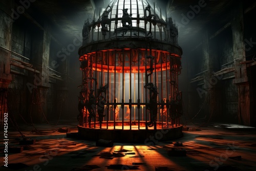 Prisoner cage prison portrait. Sad behind lock metal iron security. Generate Ai