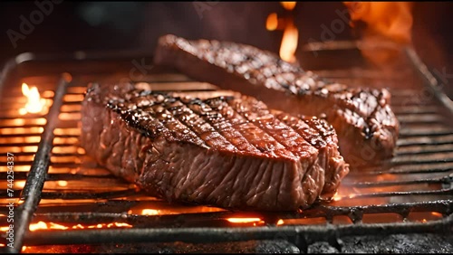 Juicy beef steak is fried on fire coals on iron grill on dark background in flame of smoke. Barbecue in evening, chef turns meat on grill with tongs. cooking dinner in a hot flame. High quality 4k photo