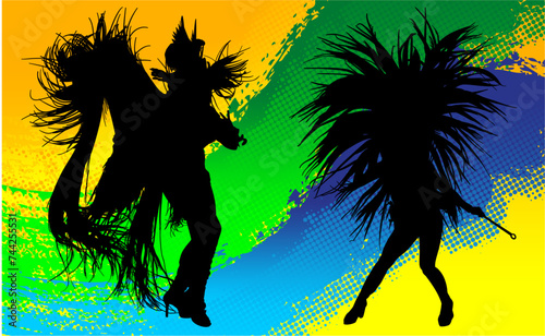 samba, baile, brasil, danza, carnaval, silueta, color, vector, pegatina, plumas, traje,  ilustracion, angel, diablo, pareja