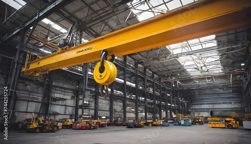 A Massive Overhead Crane Hook Suspended in Mid-Air at a Bustling Industrial Site, Symbolizing the Power of Heavy Machinery photo
