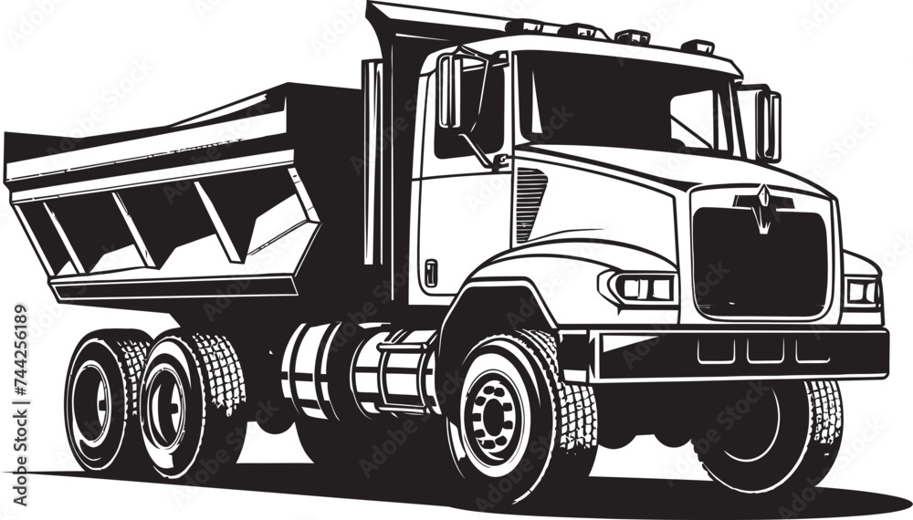 Dynamic Black Logo Industrial Dumper Graphic Powerful Performance Dump Truck Icon Art