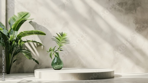 White, empty textured wall and stage background of a podium, generative ai